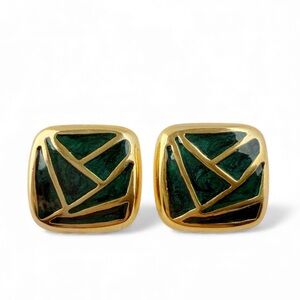 Vintage Dark Green Enamel Geometric Chunky Square Goldtone Post Earrings